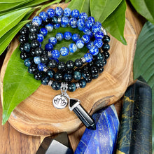 Load image into Gallery viewer, Maddox&#39;s Power of the Hawk Psychic Attack Protection &amp; Inner Child Magic Hawk Eye Lapis Lazuli Shungite 108 Stretch Mala Necklace Bracelet