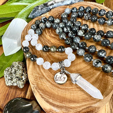 Load image into Gallery viewer, Limited Evil Eye Protection Labradorite Larvakite Pyrite Hematite Selenite Satin Spar 108 Hand Knotted Mala with Point Charm Pendant Necklace