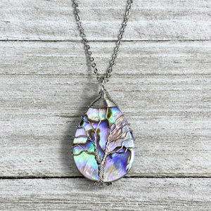 Tree of Life Teardrop Abalone Shell Wire Wrapped Pendant 18” White Gold Necklace