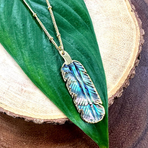 Abalone Shell Beautiful Little Feather Pendant 18” Gold Necklace