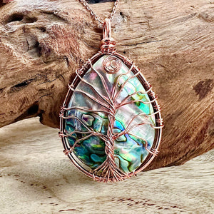 Tree of Life XL Teardrop Abalone Shell Wire Wrapped Pendant 30” Rose Gold Necklace