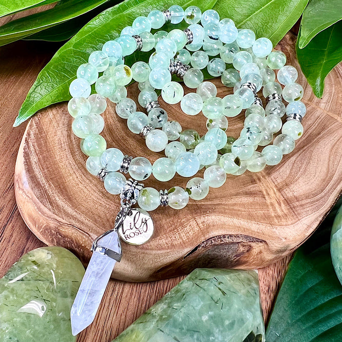 NEW STONE! Prehnite with Epidote & Black Tourmaline Grade AA Prophecy & Magic 108 Mala Necklace Bracelet