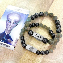Load image into Gallery viewer, 10mm Elizabeth April UPDATED - NEW EARTH Channeled Grey Zeta Sacred Geometry Limited Edition Cosmic Species Stretch Bracelet