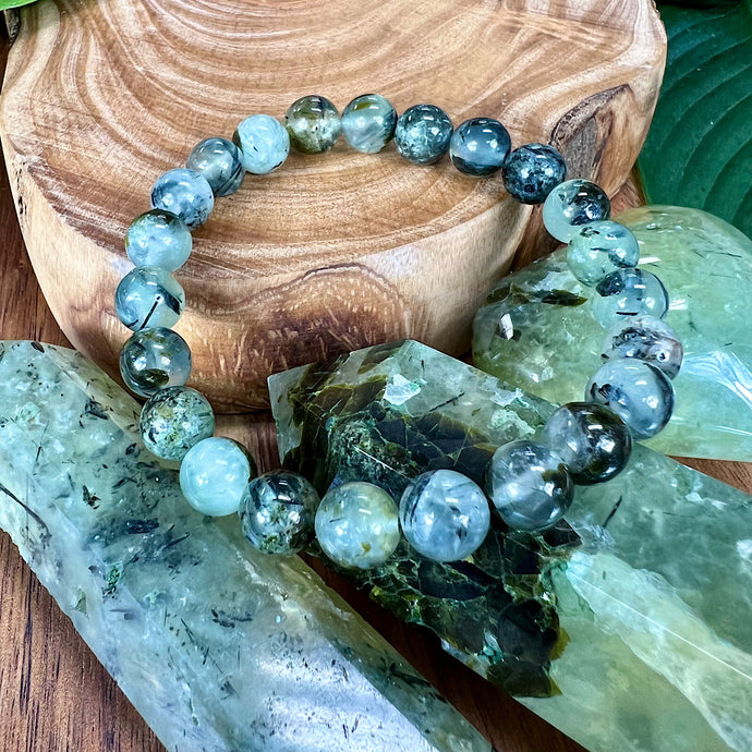 Last 3! NEW STONE! Prehnite with Epidote & Black Tourmaline Grade A Prophecy & Magic Premium Collection 8mm Stretch Bracelet