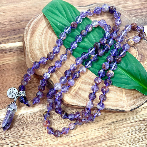 Last 1! Limited Grade AAA Super Seven Psychic Powerhouse & Ascension 108 Hand Knotted Mala with Point Charm Pendant Necklace