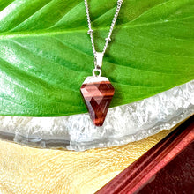 Load image into Gallery viewer, Faceted Shield Red Tigers Eye Minimalist Crystal Pendant 14” + 2&quot; White Gold Necklace