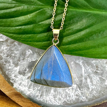 Load image into Gallery viewer, Geometric Triangle Medium Soft Labradorite Pendant 18” Gold Necklace