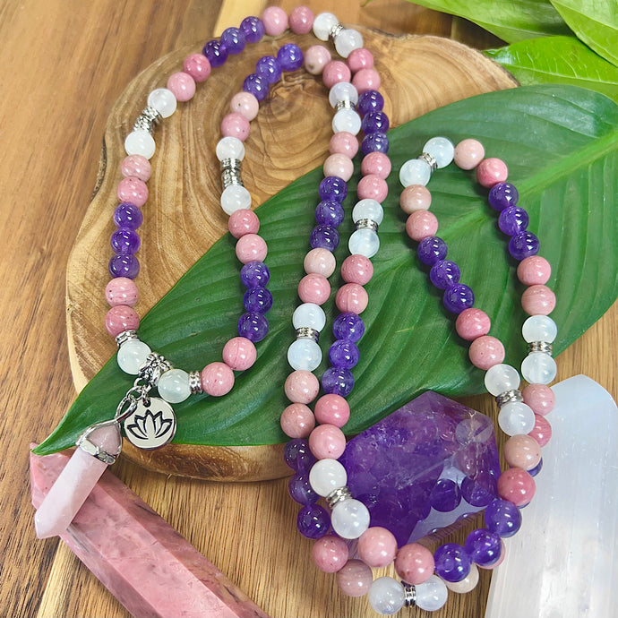 Unconditional Self Love Rhodonite Amethyst Satin Spar Selenite Rose Quartz 108 Mala Necklace Bracelet