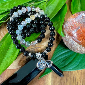 Garden Quartz Black Onyx Shadow Work & Lasting Change 108 Stretch Mala Necklace Bracelet