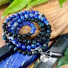 Load image into Gallery viewer, Maddox&#39;s Power of the Hawk Psychic Attack Protection &amp; Inner Child Magic Hawk Eye Lapis Lazuli Shungite 108 Stretch Mala Necklace Bracelet