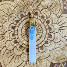 Load image into Gallery viewer, Moon Goddess Selenite &amp; Kyanite Booster Vertical Raw Pendant 18&quot; + 2” Gold Necklace