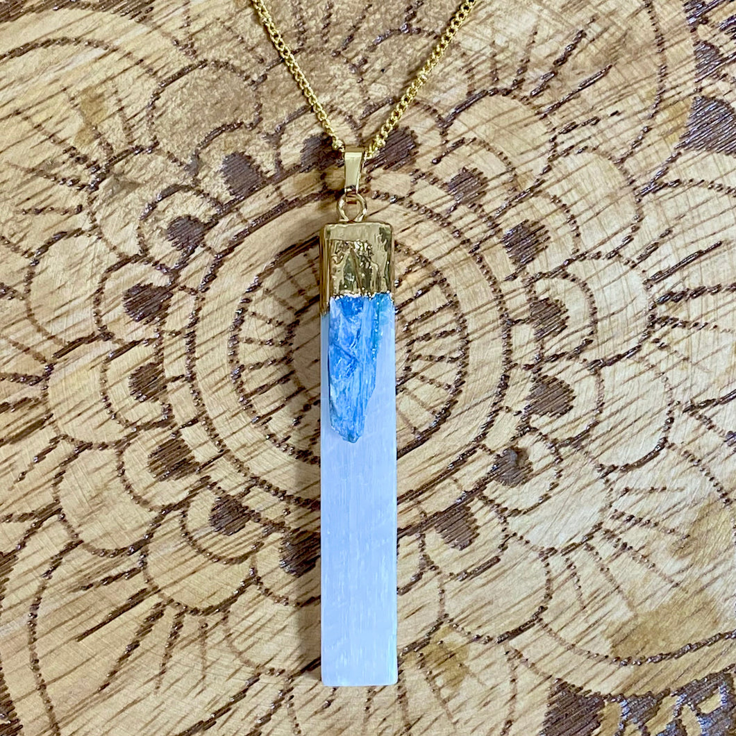 Moon Goddess Selenite & Kyanite Booster Vertical Raw Pendant 18