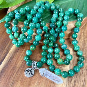 Jade Energy Blessings & Abundance 108 Hand Knotted Mala with Point Charm Pendant Necklace