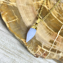 Load image into Gallery viewer, Blue Lace Agate Serenity &amp; Calm Faceted Point Pendant 18&quot; Gold Necklace