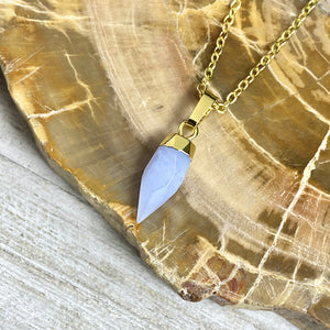 Blue Lace Agate Serenity & Calm Faceted Point Pendant 18" Gold Necklace