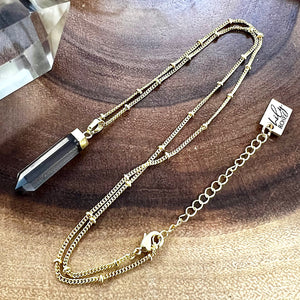Smoky Citrine Purification & Invisibility Cloak Full Tower Point Pendant 18" Gold Necklace