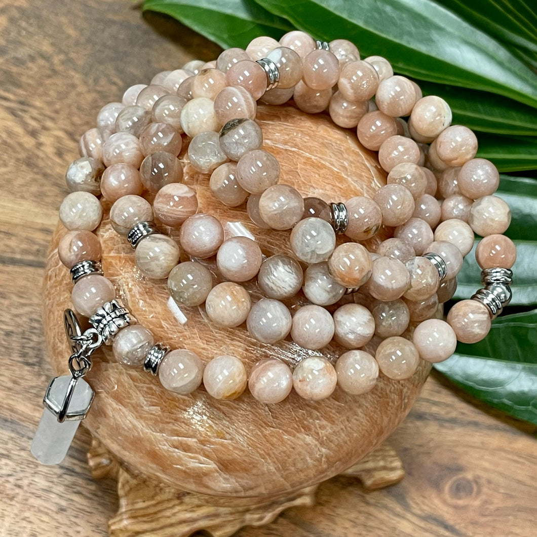 Peach Moonstone Heart Opening & Activation 108 Stretch Mala Necklace Bracelet