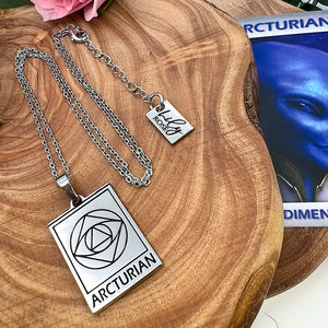 Elizabeth April EA Arcturian 2 Sided Channeled & Attuned Evil Eye Protection Cosmic Species Sacred Geometry Card Tag Pendant 18” White Gold Necklace