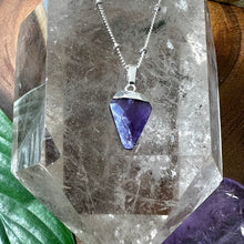 Load image into Gallery viewer, Faceted Shield Amethyst Minimalist Crystal Pendant 14” + 2&quot; White Gold Necklace