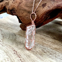 Load image into Gallery viewer, Basket Weave Wire Wrapped Crystal Clear Quartz Raw Pendant 30” Rose Gold Necklace