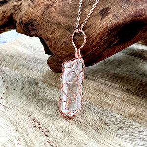Basket Weave Wire Wrapped Crystal Clear Quartz Raw Pendant 30” Rose Gold Necklace