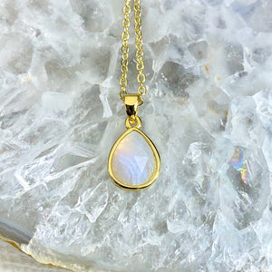 Blue Lace Agate Serenity & Calm Faceted Teardrop Pendant 18" Gold Necklace