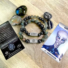 Load image into Gallery viewer, 10mm Elizabeth April UPDATED - NEW EARTH Channeled Grey Zeta Sacred Geometry Limited Edition Cosmic Species Stretch Bracelet