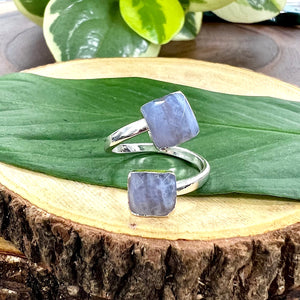 Blue Lace Agate Faceted Diamond Insightful Relaxation Adjustable White Gold Ring