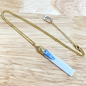 Moon Goddess Selenite & Kyanite Booster Vertical Raw Pendant 18" + 2” Gold Necklace