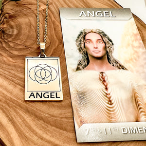Elizabeth April EA Angel 2 Sided Channeled & Attuned Evil Eye Protection Cosmic Species Sacred Geometry Card Tag Pendant 18” Gold Necklace