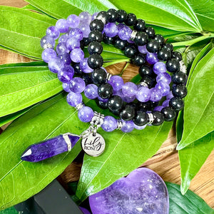 Only 3 Left! African Amethyst & Elite Shungite Third Eye Purify Premium Collection 108 Mala Necklace Bracelet