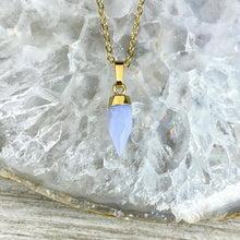 Load image into Gallery viewer, Blue Lace Agate Serenity &amp; Calm Faceted Point Pendant 18&quot; Gold Necklace