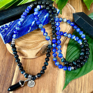 Maddox's Power of the Hawk Psychic Attack Protection & Inner Child Magic Hawk Eye Lapis Lazuli Shungite 108 Stretch Mala Necklace Bracelet