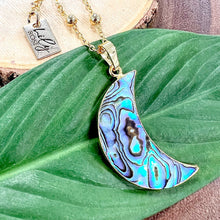 Load image into Gallery viewer, Abalone Shell &amp; Mother of Pearl Peaceful Moon Crescent XL Pendant 30” Gold Necklace
