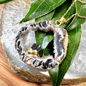 Inner Peace & Protection Druzy Quartz Geode Slice with Black Tourmaline Inside XL Pendant 18" Gold Necklace