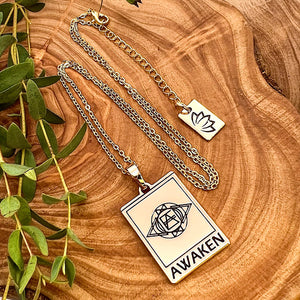 Elizabeth April EA Awaken 2 Sided Channeled & Attuned Evil Eye Protection Cosmic Species Sacred Geometry Card Tag Pendant 18” Gold Necklace