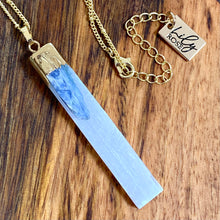 Load image into Gallery viewer, Moon Goddess Selenite &amp; Kyanite Booster Vertical Raw Pendant 18&quot; + 2” Gold Necklace