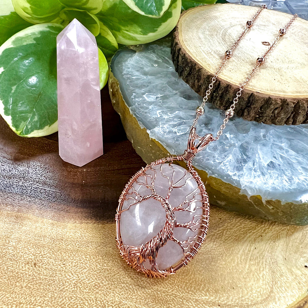 Tree of Life Oval Rose Quartz Wire Wrapped Large Pendant 30” Rose Gold Necklace