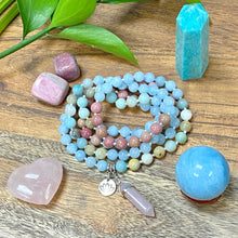 Load image into Gallery viewer, Limited Edition Triple Power Aquamarine, Rhodonite, Amazonite Rebirth Tranquility 108 Hand Knotted Mala with Point Charm Pendant Necklace