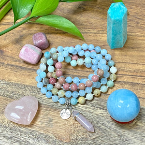 Limited Edition Triple Power Aquamarine, Rhodonite, Amazonite Rebirth Tranquility 108 Hand Knotted Mala with Point Charm Pendant Necklace