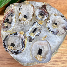 Load image into Gallery viewer, Inner Peace &amp; Protection Druzy Quartz Geode Slice with Black Tourmaline Inside XL Pendant 18&quot; Gold Necklace