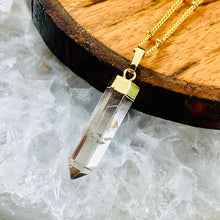 Load image into Gallery viewer, Light Clear Smoky Quartz Purification &amp; Invisibility Cloak Full Tower Point Pendant 18&quot; Gold Necklace