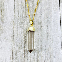 Load image into Gallery viewer, Light Clear Smoky Quartz Purification &amp; Invisibility Cloak Full Tower Point Pendant 18&quot; Gold Necklace