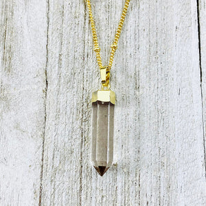 Light Clear Smoky Quartz Purification & Invisibility Cloak Full Tower Point Pendant 18" Gold Necklace