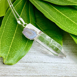 Last 1! Clear Quartz with Lace Agate Druzy XL Crystal Pendant 18” White Gold Necklace