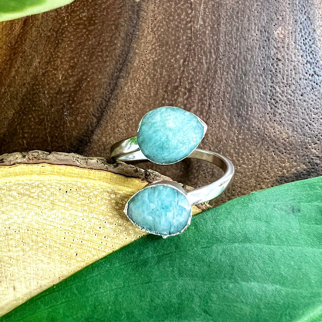 Peruvian Amazonite Faceted Teardop Courage & Peace Adjustable White Gold Ring