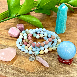 Limited Edition Triple Power Aquamarine, Rhodonite, Amazonite Rebirth Tranquility 108 Hand Knotted Mala with Point Charm Pendant Necklace