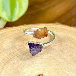 Amethyst & Citrine Duo Power Energetic Manifestation Adjustable White Gold Ring