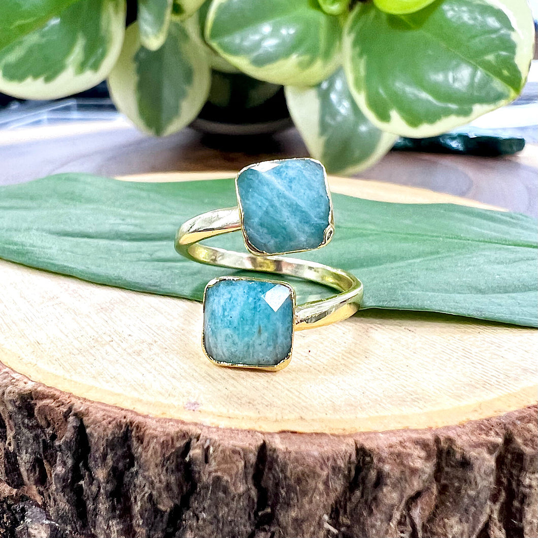 Peruvian Amazonite Faceted Diamond Freedom & Clarity Adjustable Gold Ring
