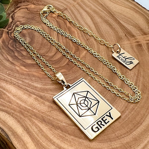 Elizabeth April EA Grey Zeta 2 Sided Channeled & Attuned Evil Eye Protection Cosmic Species Sacred Geometry Card Tag Pendant 18” Gold Necklace